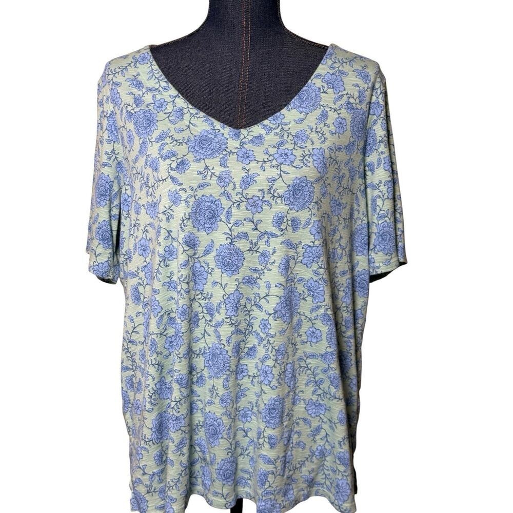 J.JILL Periwinkle Blue/teal Floral Pima Slub Elbow Sleeve T Shirt size XL